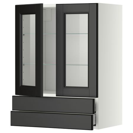 Навесной шкаф, 2 стеклянные дверцы, 2 ящика МЕТОД / МАКСИМЕРА, белый, Лаксарби черно-коричневый
