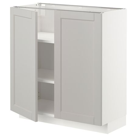 METOD Напольный шкаф с полками/2дверцами - белый/Lerhyttan светло-серый 80x37 см