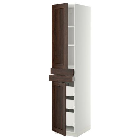 Высокий шкаф + полки, 5 ящиков, 2 дверцы, 2 фронтальных МЕТОД / МАКСИМЕРА, белый, Эдсерум коричневый