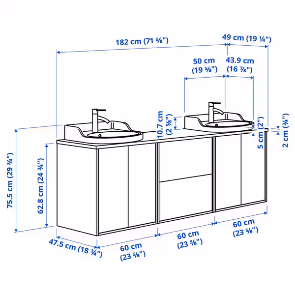 TÄNNFORSEN ТАННФОРСЕН / RUTSJÖN РУТШЁН Шкаф п-раковину/раковины/смесители - схема-чертеж с размерами