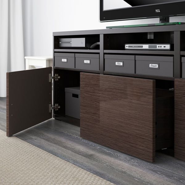 Шкаф для ТВ, комбинированный, стекляные дверцы, черно-коричневый/Сельсвикен глянцевый, коричневый прозрачное стекло 180x40x192 - фото 4