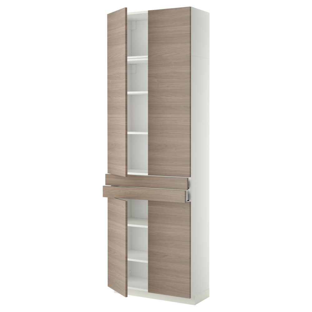 Высокий шкаф + полки, 2 ящика, 4 дверцы МЕТОД / МАКСИМЕРА, белый, Брокхульт светло-серый (80x37x240 см) - фото 1