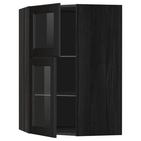 Угловой навесной шкаф + полки, 2 стеклянные дверцы МЕТОД, черный, Лаксарби черно-коричневый (68x100 см)
