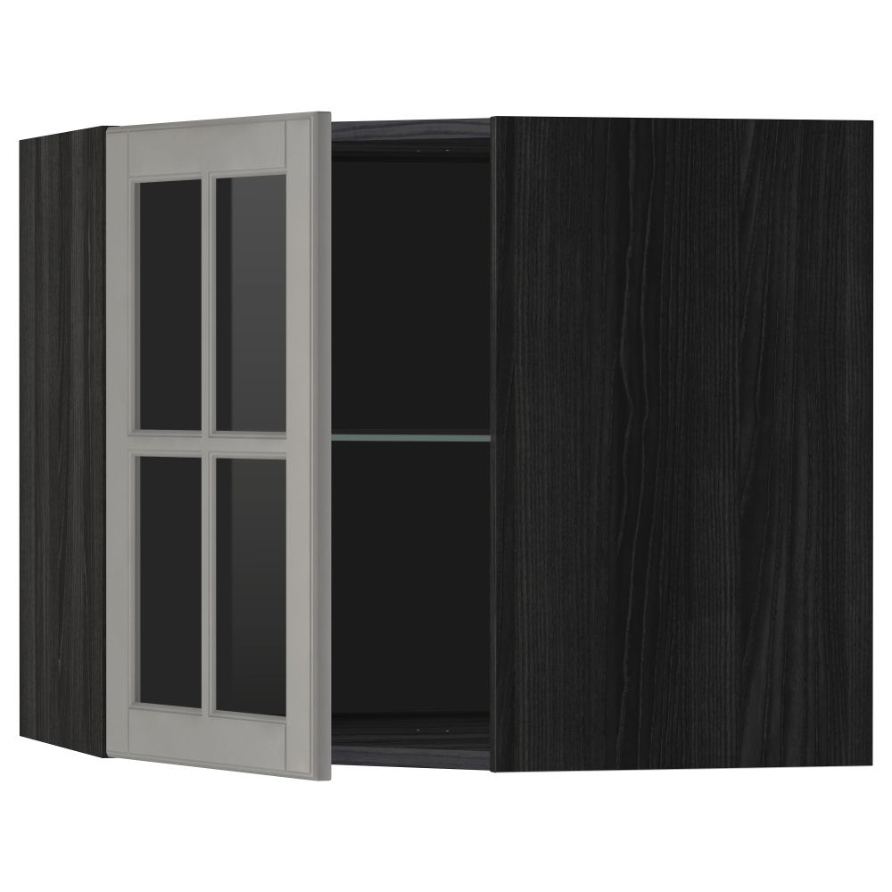 Угловой навесной шкаф с полками, стекляными дверцами МЕТОД, черный, Будбин серый - схема-чертеж с размерами