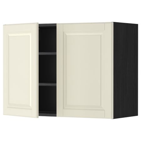 Навесной шкаф с полками, 2 дверцы МЕТОД, черный, Будбин белый с оттенком