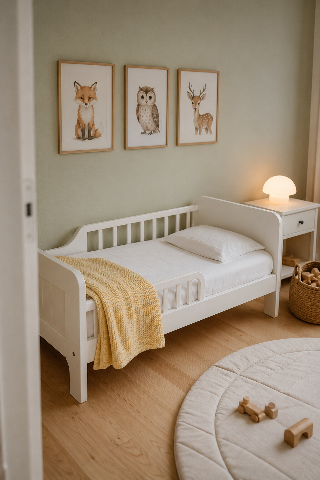 Детская комната с кроваткой и матрасом IKEA, безопасные материалы, белый цвет, светлая мебель