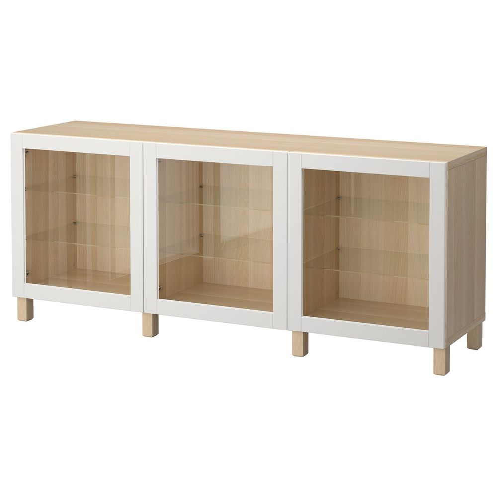 Комбинация для хранения с дверцами, под беленый дуб, Синдвик светло-серый прозрачное стекло 180x40x74 см IKEA БЕСТО 792.466.74 - фото 1