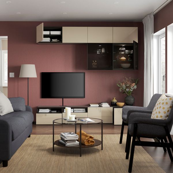 Шкаф для ТВ, комбинированный, стекляные дверцы, черно-коричневый/Сельсвикен глянцевый, бежевый, дымчатое стекло 240x42x231 см - фото 2