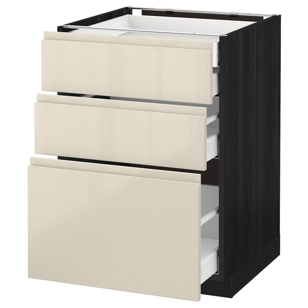 Напольный шкаф 3 фронтальные панели, 2 низких, 1 средний, 1 встроенный ящ, черный, Воксторп глянцевый светло-бежевый 60x60 см - схема-чертеж с размерами