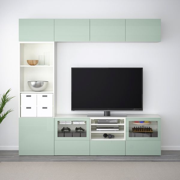 Шкаф для ТВ, комбинированный, стекляные дверцы, белый Сельсвикен, глянцевый/серо-зеленый светлый прозрачное стекло, 240x40x230 - фото 2