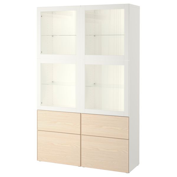 Комбинация для хранения со стеклянными дверцами БЕСТО, белый Синдвик, Инвикен ясеневый шпон (120x40x192 см) - фото 1