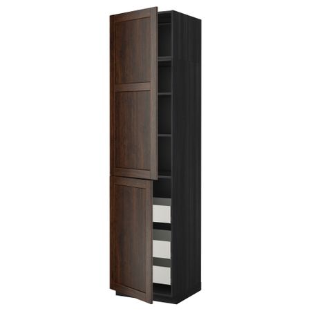 Высокий шкаф + полки, 3 ящика, 2 дверцы МЕТОД / МАКСИМЕРА, черный, Эдсерум коричневый