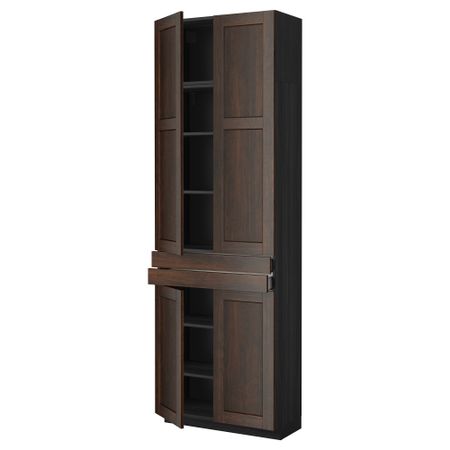 Высокий шкаф + полки, 2 ящика, 4 дверцы МЕТОД / МАКСИМЕРА, черный, Эдсерум коричневый (80x37x240 см)