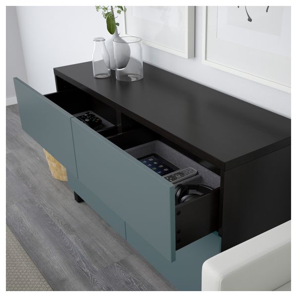 Комбинация для хранения с дверцами, ящиками БЕСТО, черно-коричневый, Вальвикен серо-бирюзовый (120x40x74 см) - схема-чертеж с размерами