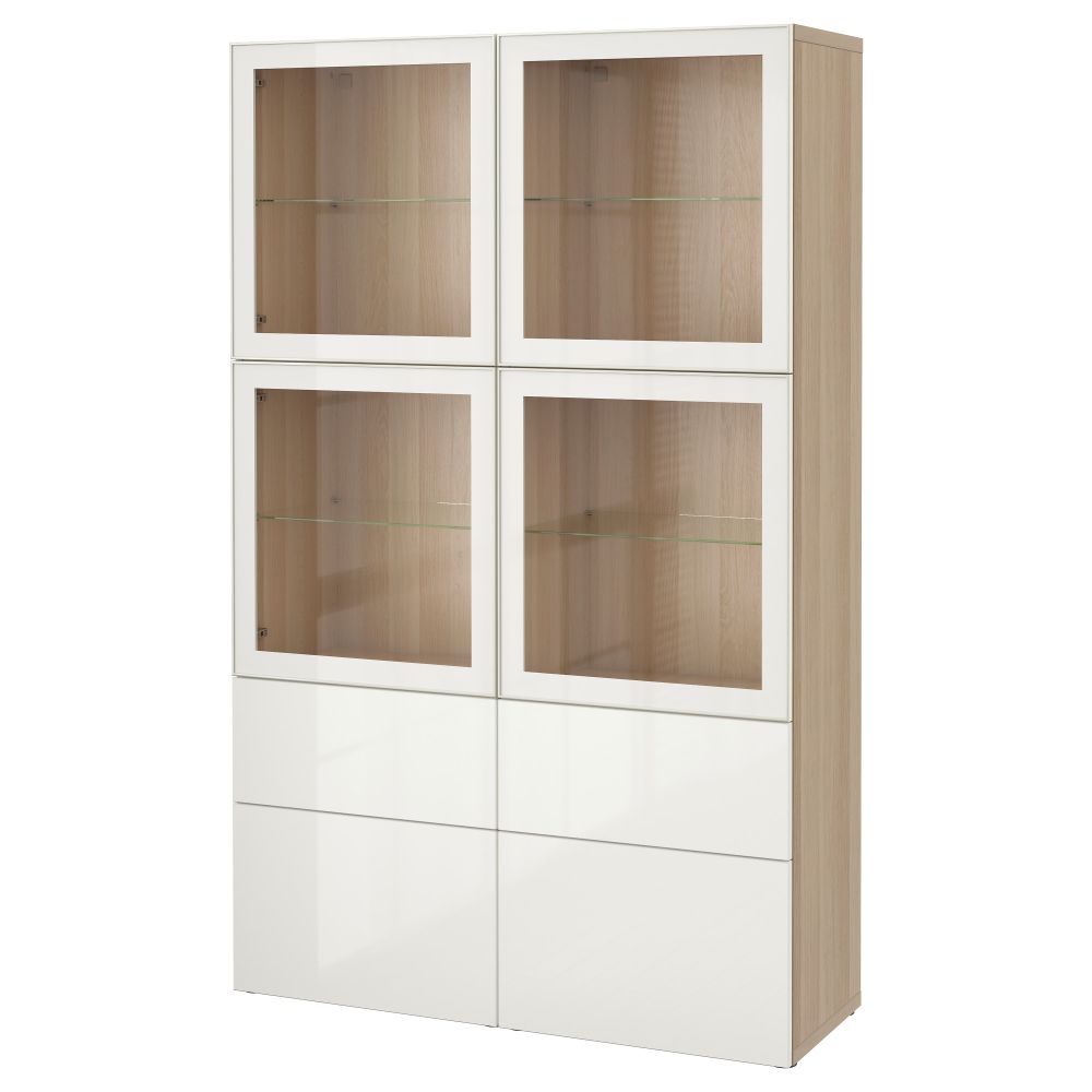 Комбинация для хранения со стеклянными дверцами БЕСТО, под беленый дуб, Сельсвикен глянцевый/белый прозрачное стекло (120x40x192 - фото 1