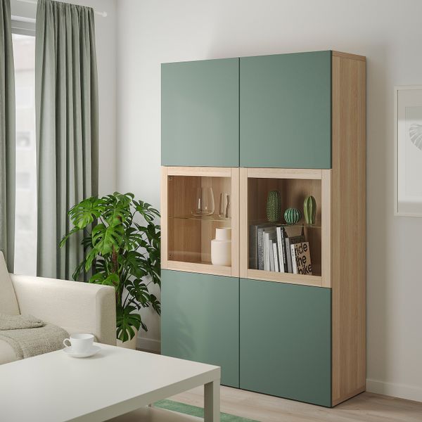 Комбинация для хранения + стеклянная дверц, под беленый дуб/Нотвикен серо-зеленый прозрачное стекло 120x42x192 см IKEA BESTÅ - фото 1