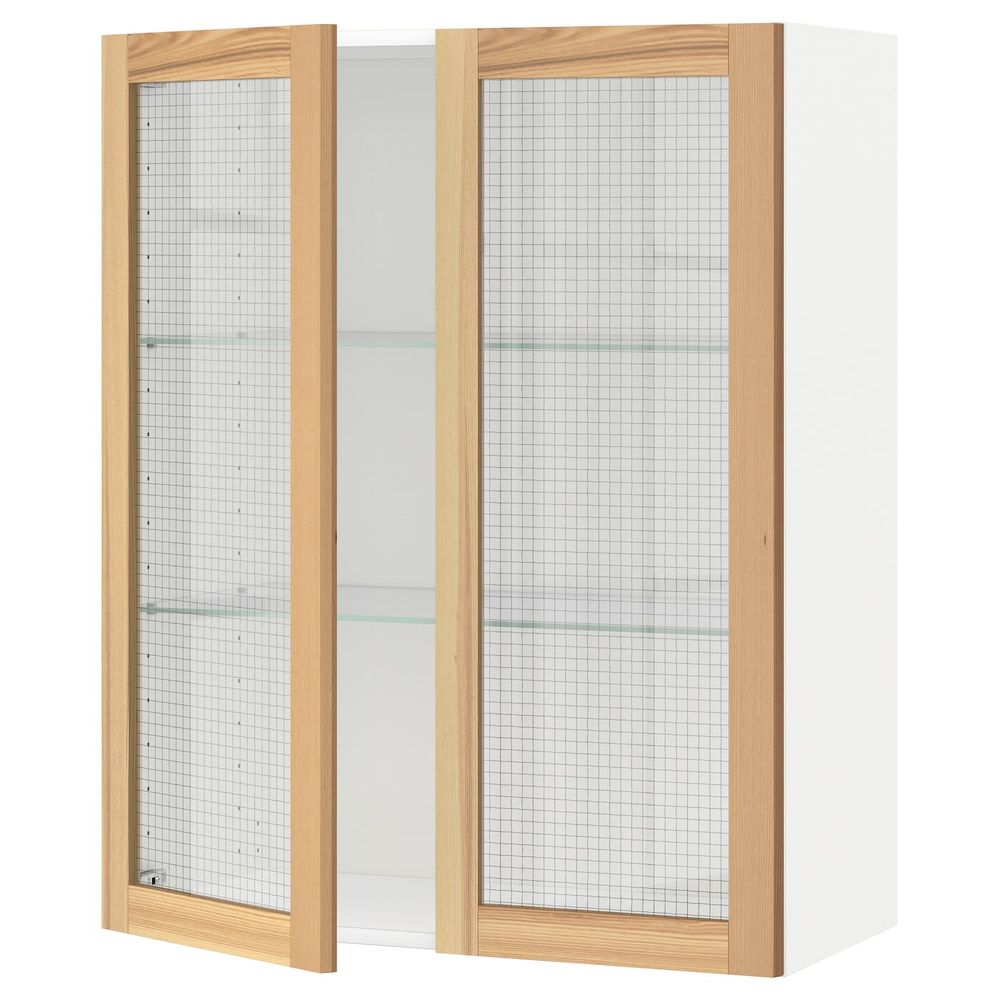 Навесной шкаф/полки/2стеклян двери, белый/Торхэмн ясень 80x100 см IKEA METOD МЕТОД 294.457.27 - фото 1