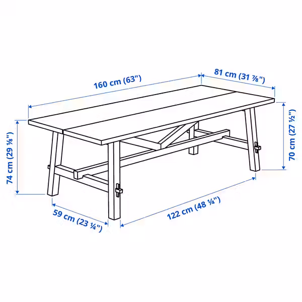 SKOGSTA Стол - акация/чёрный 160x81x74 см - схема-чертеж с размерами