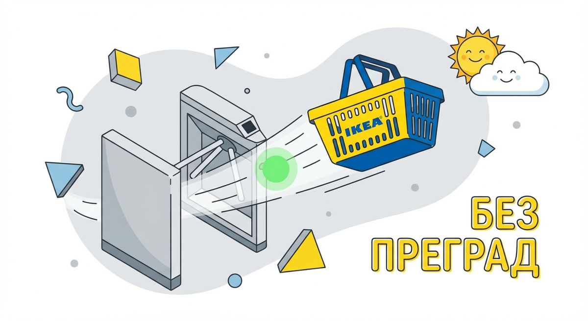 Корзина с товарами IKEA свободно пролетает через открытый турникет с зеленым сигналом, символизируя быстрый заказ без регистрации