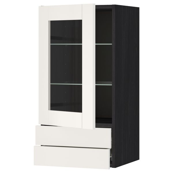 Навесной шкаф, стеклянная дверца, 2 ящика МЕТОД / ФОРВАРА, черный, Сэведаль белый - схема-чертеж с размерами