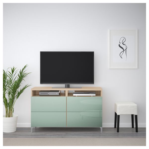 Тумба для ТВ с ящиками БЕСТО, под беленый дуб, Сельсвикен глянцевый/серо-зеленый светлый (120x40x74 см) - фото 2