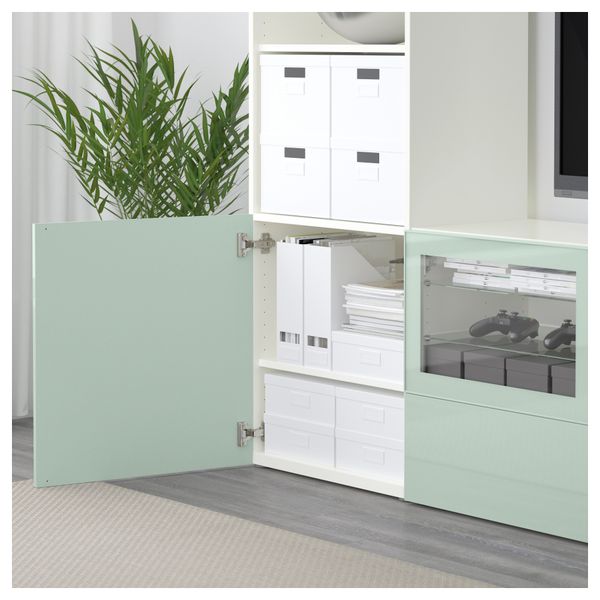 Шкаф для ТВ, комбинированный, стекляные дверцы БЕСТО, белый Сельсвикен, глянцевый/серо-зеленый светлый прозрачное стекло - фото 3