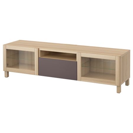 Тумба под ТВ БЕСТО, под беленый дуб, Вальвикен темно-коричневый, прозрачное стекло (180x40x48 см)