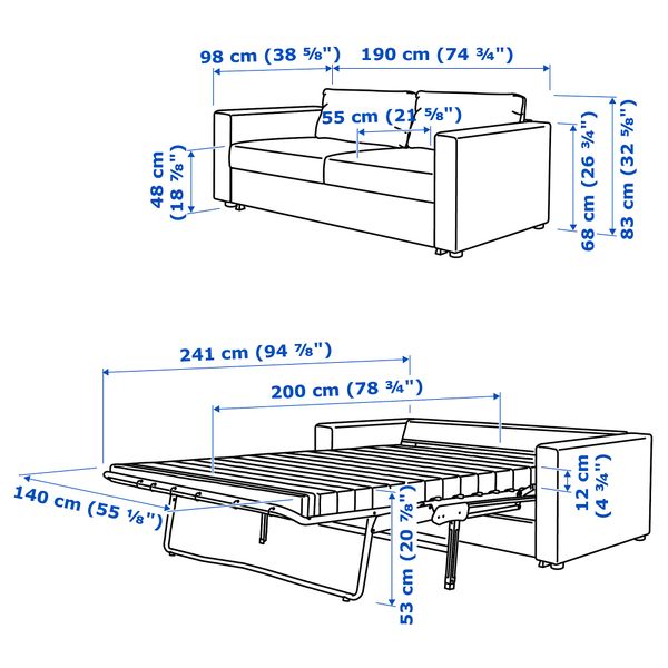 2-местный диван-кровать, Gunnared классический серый IKEA VIMLE ВИМЛЕ 094.190.22 - схема-чертеж с размерами