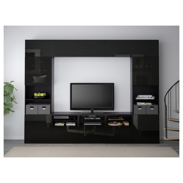 Шкаф для ТВ, комбинированный, стекляные дверцы БЕСТО, черно-коричневый, Сельсвикен глянцевый/черный дымчатое стекло (300x40x230 - фото 2