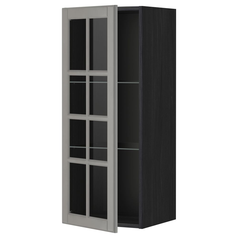 Навесной шкаф с полками, стекляными дверцы МЕТОД, черный, Будбин серый - схема-чертеж с размерами