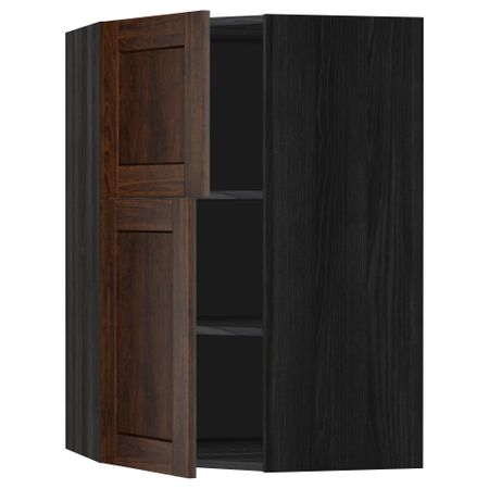 Угловой навесной шкаф + полки, 2 дверцы МЕТОД, черный, Эдсерум коричневый (68x100 см)