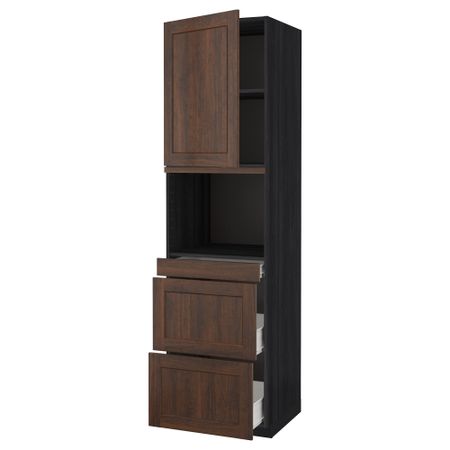 Высокий шкаф для СВЧ/дверца, 3 ящика МЕТОД / ФОРВАРА, черный, Эдсерум коричневый