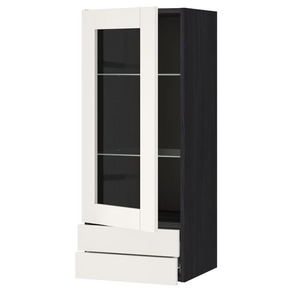 Навесной шкаф, стеклянная дверца, 2 ящика МЕТОД / ФОРВАРА, черный, Сэведаль белый - схема-чертеж с размерами