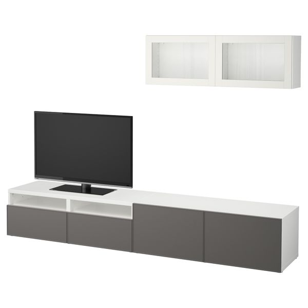 Шкаф для ТВ, комбинированный, стекляные дверцы БЕСТО, белый Грундсвикен, темно-серый прозрачное стекло (240x20/40x166 см) - фото 1