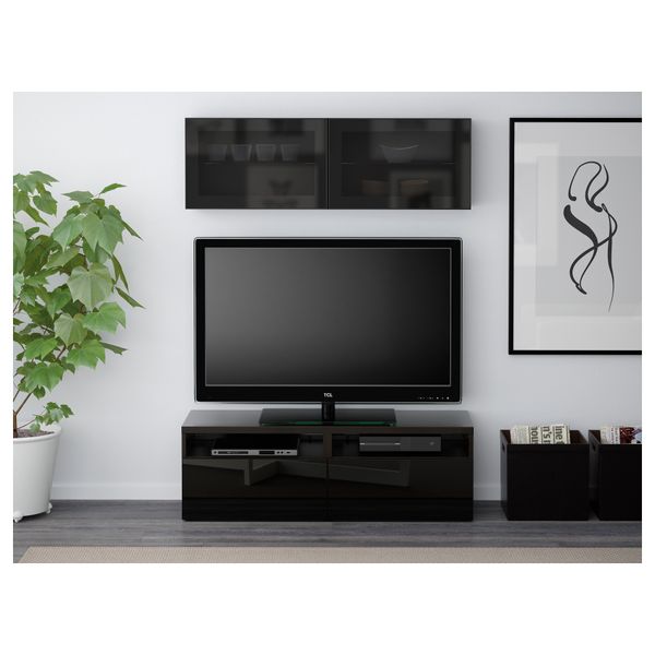 Шкаф для ТВ, комбинированный, стекляные дверцы БЕСТО, черно-коричневый, Сельсвикен глянцевый/черный дымчатое стекло - фото 2