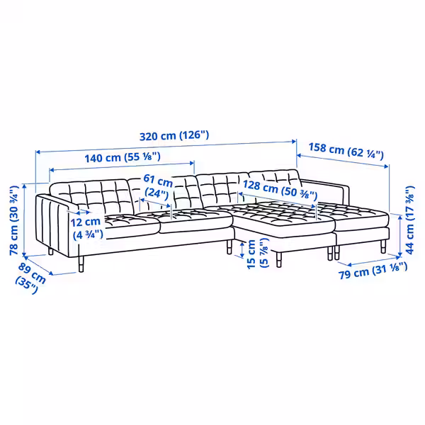 LANDSKRONA 4-местный диван с козетками - Gunnared темно-серый/металл - схема-чертеж с размерами