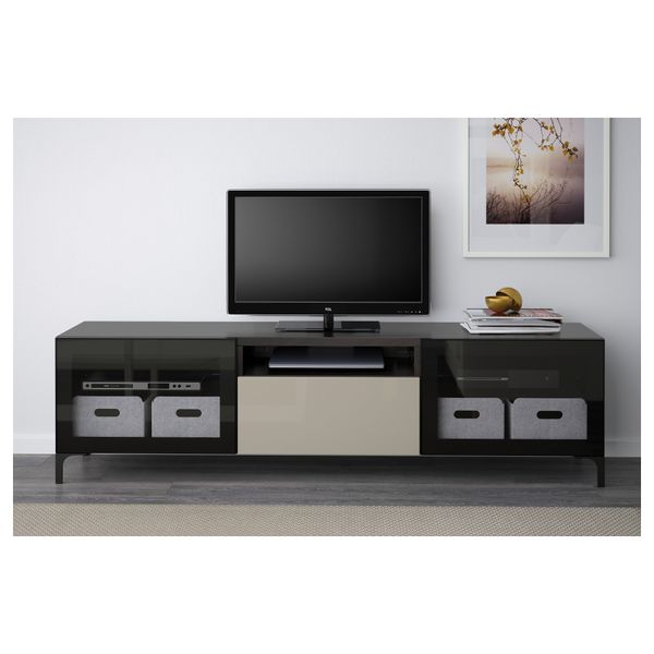 Тумба под ТВ БЕСТО, черно-коричневый, Сельсвикен глянцевый/бежевый прозрачное стекло (180x40x48 см) - фото 2