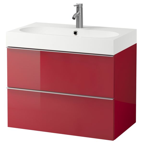 Шкаф для раковины с 2 ящиками ГОДМОРГОН / БРОВИКЕН, глянцевый красный (80x49x68 см) - фото 2