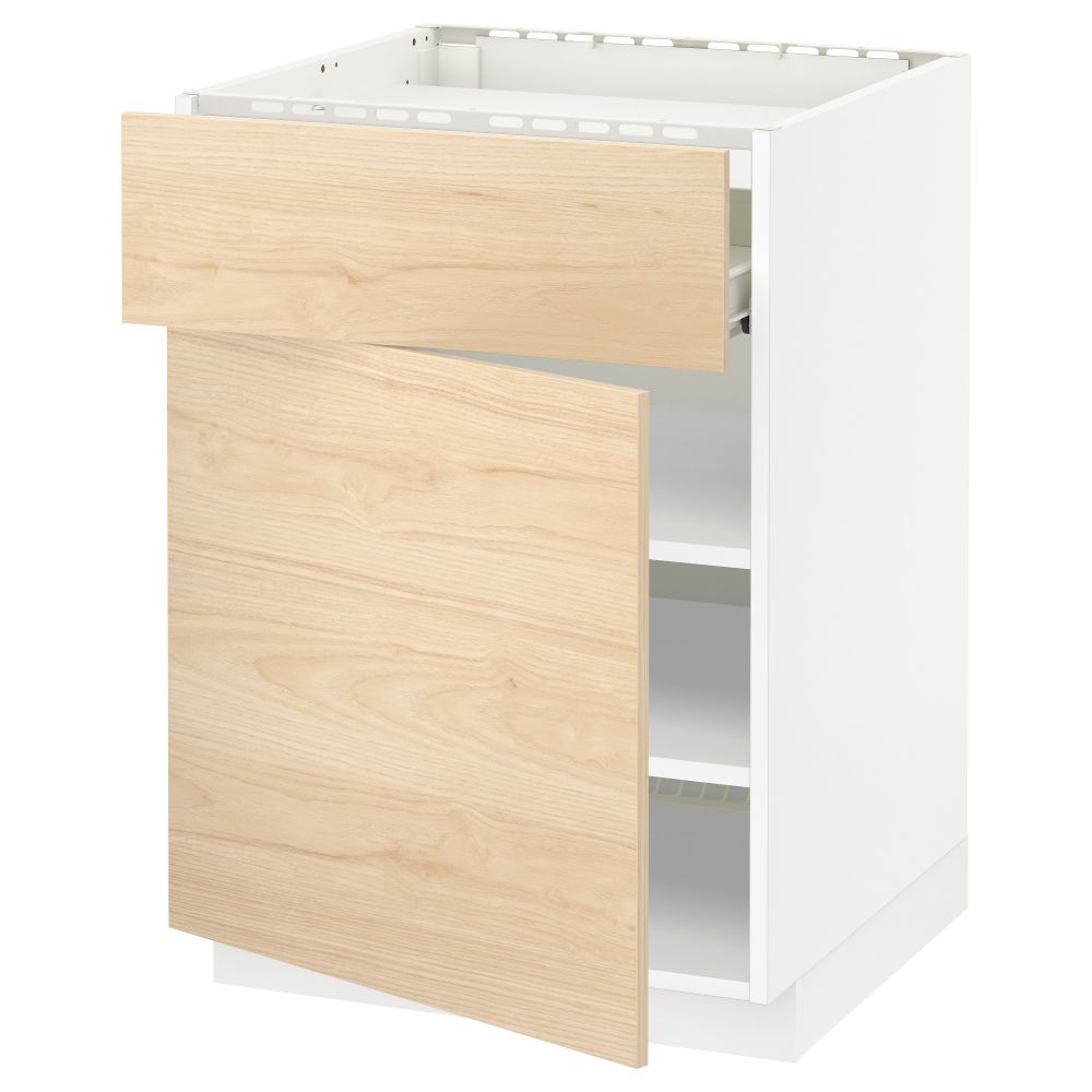 Напольный шкаф для варочной панели, ящик, полка, дверцы МЕТОД / ФОРВАРА, белый, Аскерсунд под светлый ясень (60x60 см) - фото 1