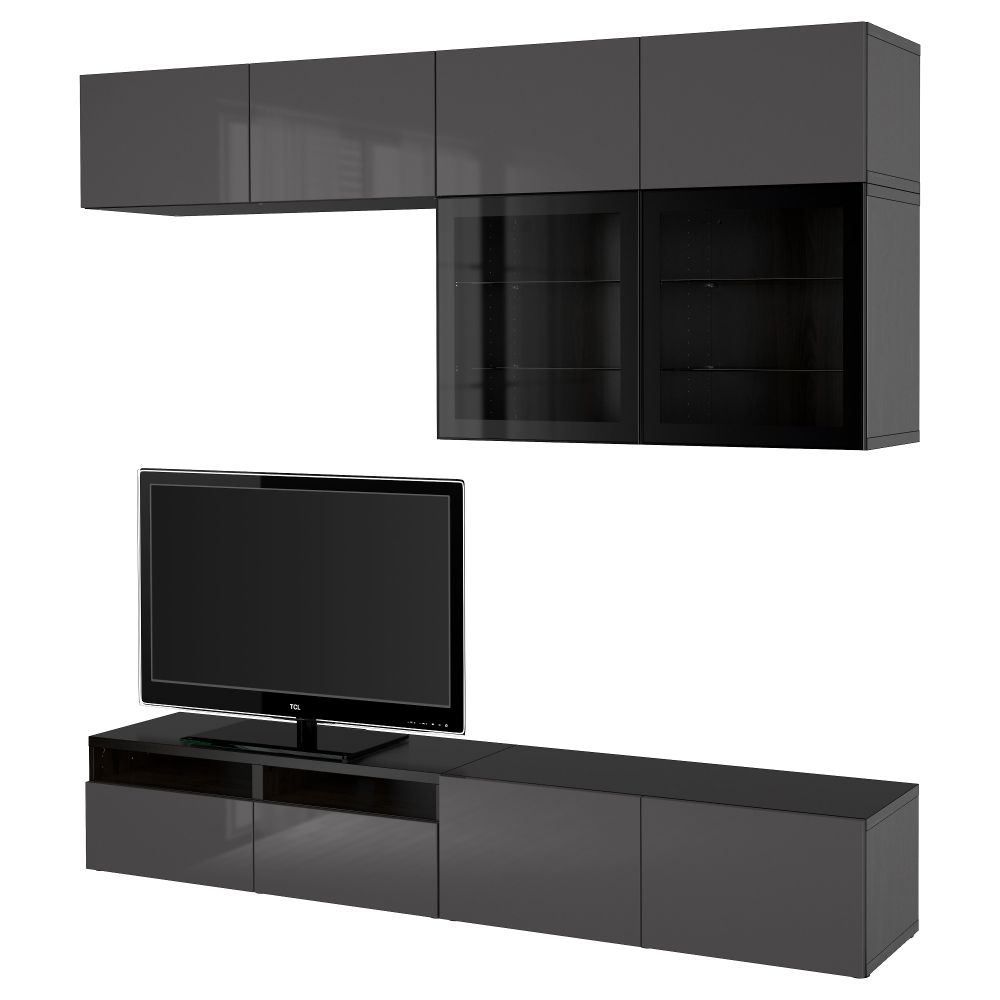 Шкаф для ТВ, комбинированный, стекляные дверцы БЕСТО, черно-коричневый, Сельсвикен глянцевый/серый прозрачное стекло (240x40x230 - фото 1