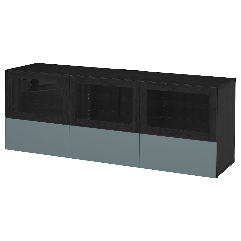Тумба под ТВ, с дверцами и ящиками БЕСТО, черно-коричневый, Вальвикен серо-бирюзовый, прозрачное стекло (180x40x64 см) - фото 1