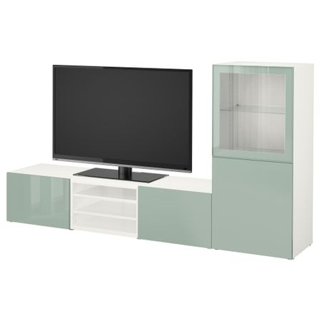 Шкаф для ТВ, комбинированный, стекляные дверцы БЕСТО, белый Сельсвикен, глянцевый/серо-зеленый светлый прозрачное стекло