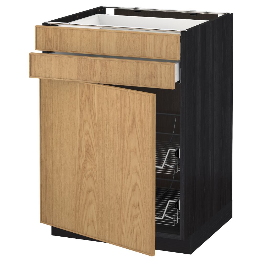 Напольный шкаф, дверца, 2 ящика, проволочных корзин МЕТОД / МАКСИМЕРА, черный, Экестад дуб - схема-чертеж с размерами