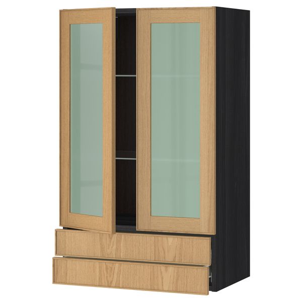 Навесной шкаф, 2 стеклянные дверцы, 2 ящика МЕТОД / ФОРВАРА, черный, Экестад дуб - схема-чертеж с размерами