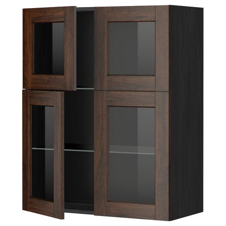 Навесной шкаф с полками, 4 стекло дв, черный/Эдсерум коричневый 80x100 см IKEA МЕТОД 792.264.35