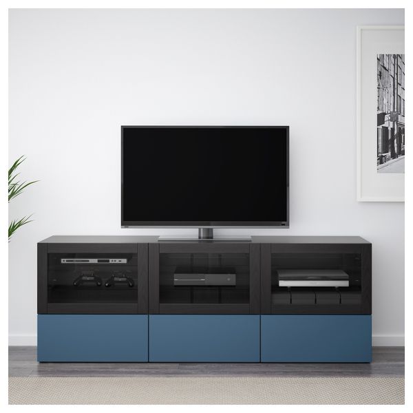 Тумба под ТВ, с дверцами и ящиками БЕСТО, черно-коричневый Вальвикен, темно-синий прозрачное стекло (180x40x64 см) - фото 2