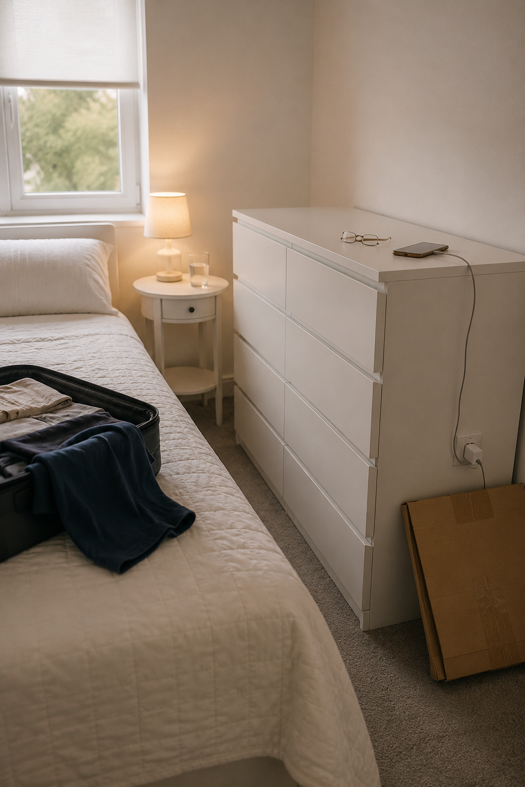 Спальня с белым комодом IKEA MALM с 6 ящиками, двуспальной кроватью и прикроватным столиком