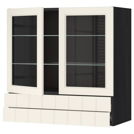 Навесной шкаф, 2 стеклянные дверцы, 2 ящика МЕТОД / ФОРВАРА, черный, Хитарп белый с оттенком