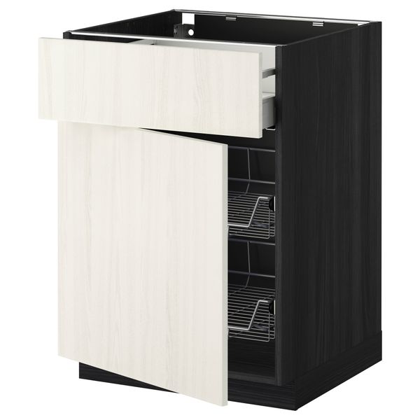 Напольный шкаф с проволочной корзиной, ящиком, дверью МЕТОД / МАКСИМЕРА, черный, Росдаль белый - схема-чертеж с размерами