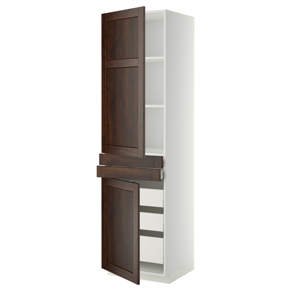 Высокий шкаф + полки, 5 ящиков, 2 дверцы, 2 фронтальных МЕТОД / МАКСИМЕРА, белый, Эдсерум коричневый - фото 1